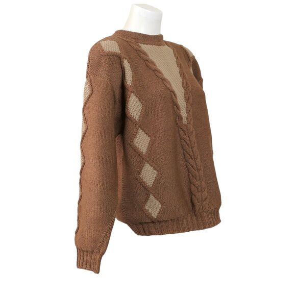 Vintage Handmade Knit Sweater Sz M Brown Tan Long Sleeve Cable Knit EUC - Picture 2 of 7